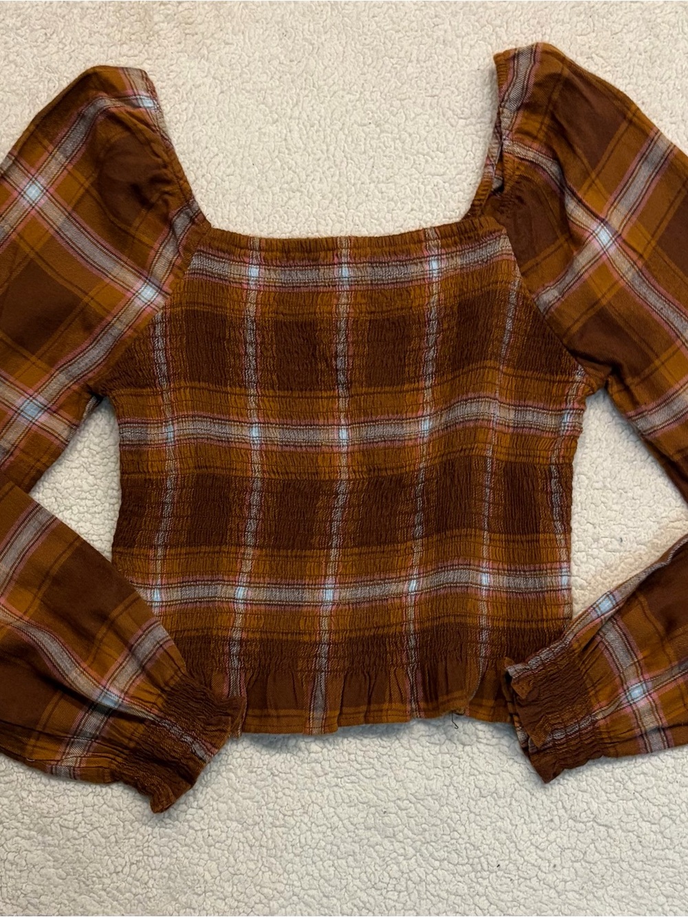 SO Goods For Life Brown Plaid Smocked Square Neck Crop Top Size Small